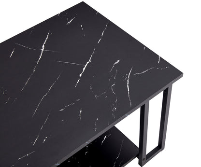 D&N Coffee Table, 2 Layers 1.5cm Thick Marble MDF Rectangle 39.37" L Tabletop Iron Coffee Table , Dining Room, black Top, black Leg