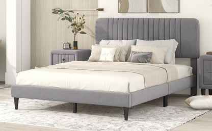 Queen Size Upholstered Platform Bed,No Box Spring Needed, Velvet Fabric,Gray