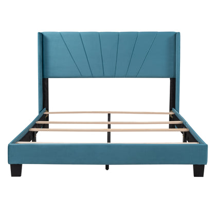 Queen Size Velvet Upholstered Platform Bed, Box Spring Needed - Blue