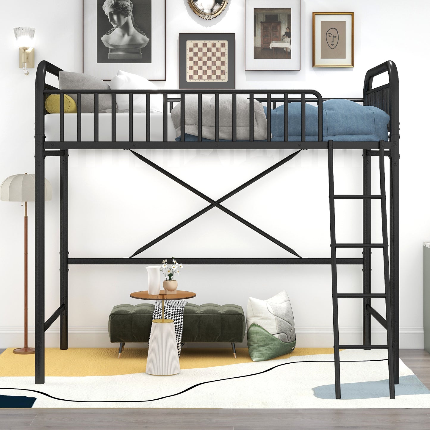 Twin Size Metal Loft Bed, No Box Spring Needed, Black (Old SKU:SM000222AAB)