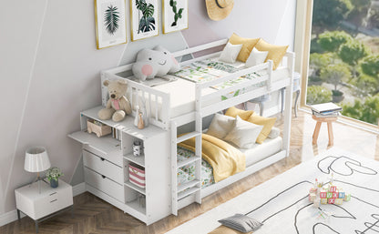 Twin over Twin Bunk Bed with Attached Cabinet and Shelves Storage,White (OLD SKU:GX000513AAK)(Expected Arrival Time:9.5)