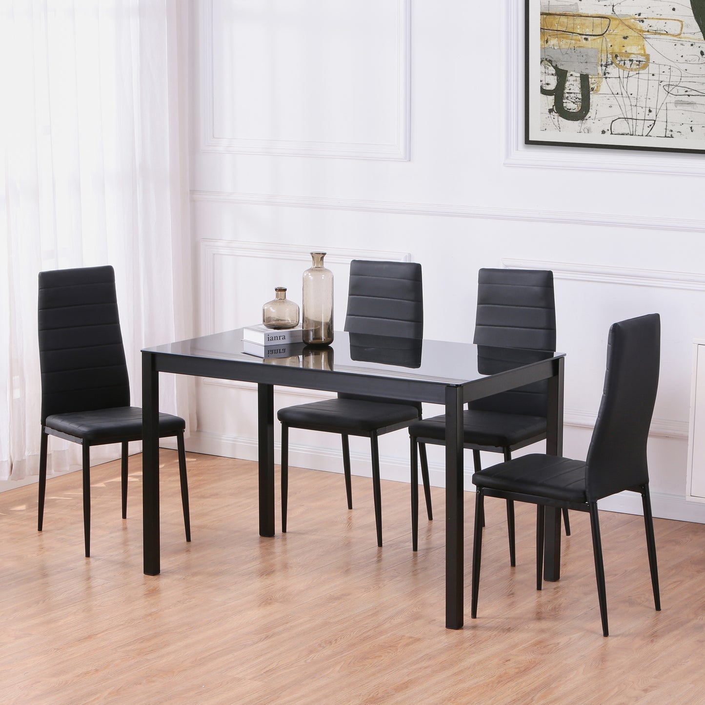 5 Pieces Dining Table Set，dining table and chair for 4，Kitchen Room Tempered Glass Dining Table ,4 Faux Leather Chairs ,Black