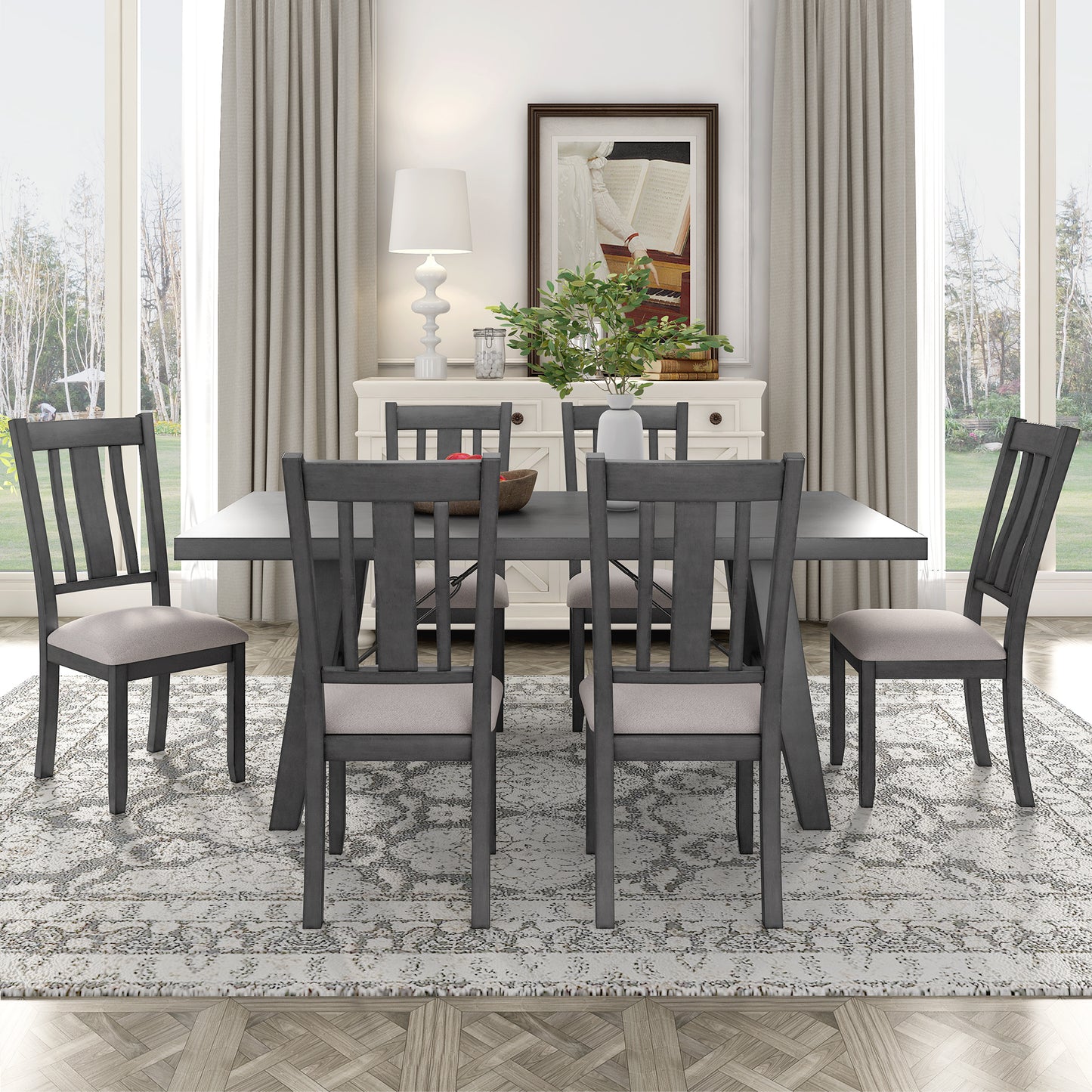 TREXM 7-Piece Dining Room Set - 72" Industrial Style Rectangular Table with Chain Bracket and 6 Dining Chairs (Gray)