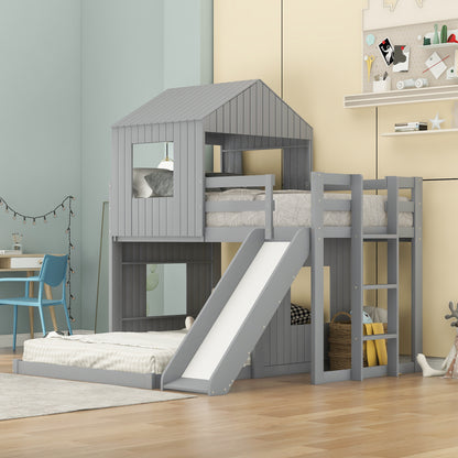 Wooden Twin Over Full Bunk Bed, Loft Bed with Playhouse, Farmhouse, Ladder, Slide and Guardrails . Gray(OLD SKU :LP000028AAN)