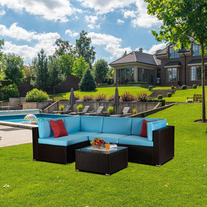 Outdoor Garden Patio Furniture 5-Piece Brown PE Rattan Wicker Sectional Blue Cushioned Sofa Sets with 2 Red Pillows