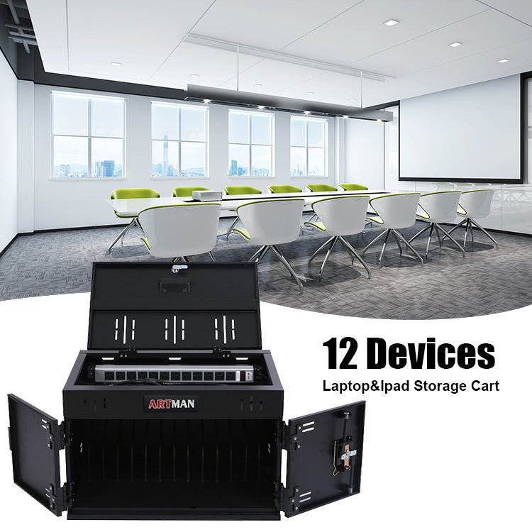 12 Device Portable Charging Station for Tablets, iPads, Chromebooks, and Laptop Computers with Lock, Surge Protection, for Classroom or Office