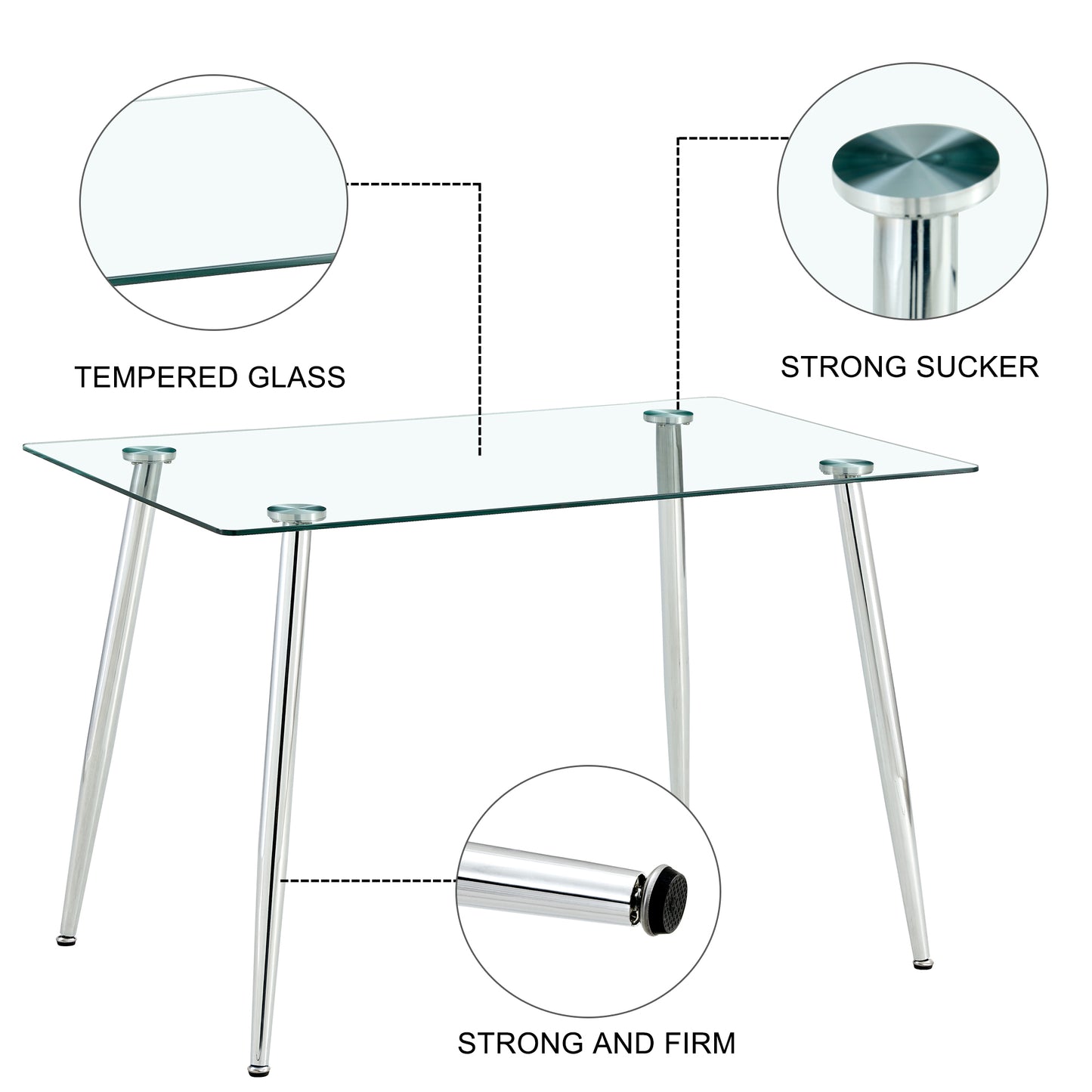 Modern Minimalist Rectangular Glass Dining Table for 4-6 with 0.31" Tempered Glass Tabletop and Silver Chrome Metal Legs, Writing Table Desk, for Kitchen Dining Living Room, 47" W x 29"D x 30" H