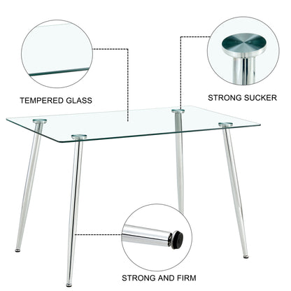 Modern Minimalist Rectangular Glass Dining Table for 4-6 with 0.31" Tempered Glass Tabletop and Silver Chrome Metal Legs, Writing Table Desk, for Kitchen Dining Living Room, 47" W x 29"D x 30" H