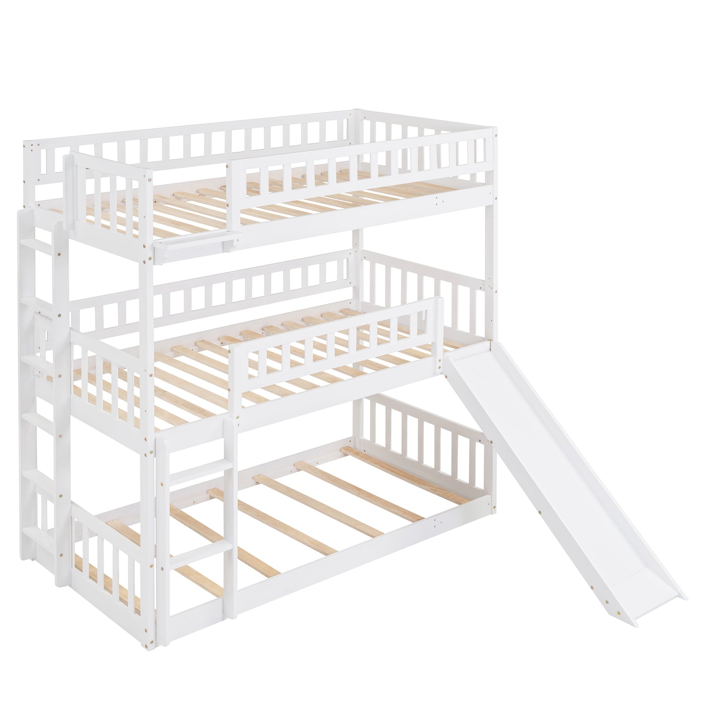 Twin-Over-Twin-Over-Twin Triple Bed with Built-in Ladder and Slide, Triple Bunk Bed with Guardrails, White(OLD SKU: LP000051AAK)