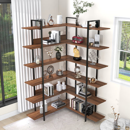 74.8 Inch Bookshelf L-shape MDF Boards Stainless Steel Frame Corner 6-tier Shelves Adjustable Foot Pads, Brown