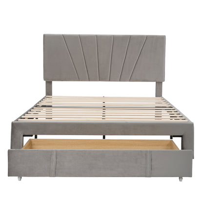 Queen Size Storage Bed Velvet Upholstered Platform Bed with a Big Drawer - Gray