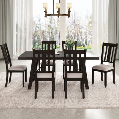 TREXM 7-Piece Dining Room Set - 72" Industrial Style Rectangular Table with Chain Bracket and 6 Dining Chairs (Espresso)