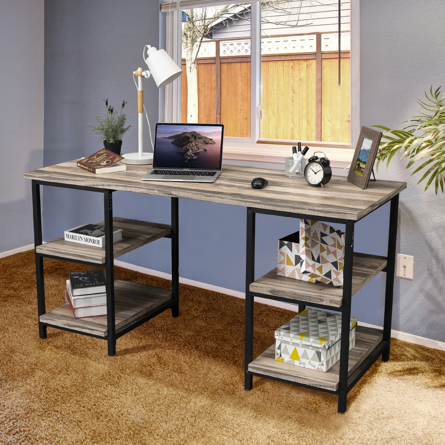 59 Inches Computer Desk Trestle Desk with Both Side 2-Tier Shelves, Modern Simple Style Study Work Game Desk , Workstation Home Office Table, Rustic Wood Desk