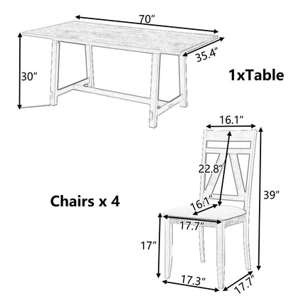 TOPMAX Rustic 5-Piece Large Wood Dining Table Set with 70inch Table and 4 Upholstered Dining Chairs,Brown
