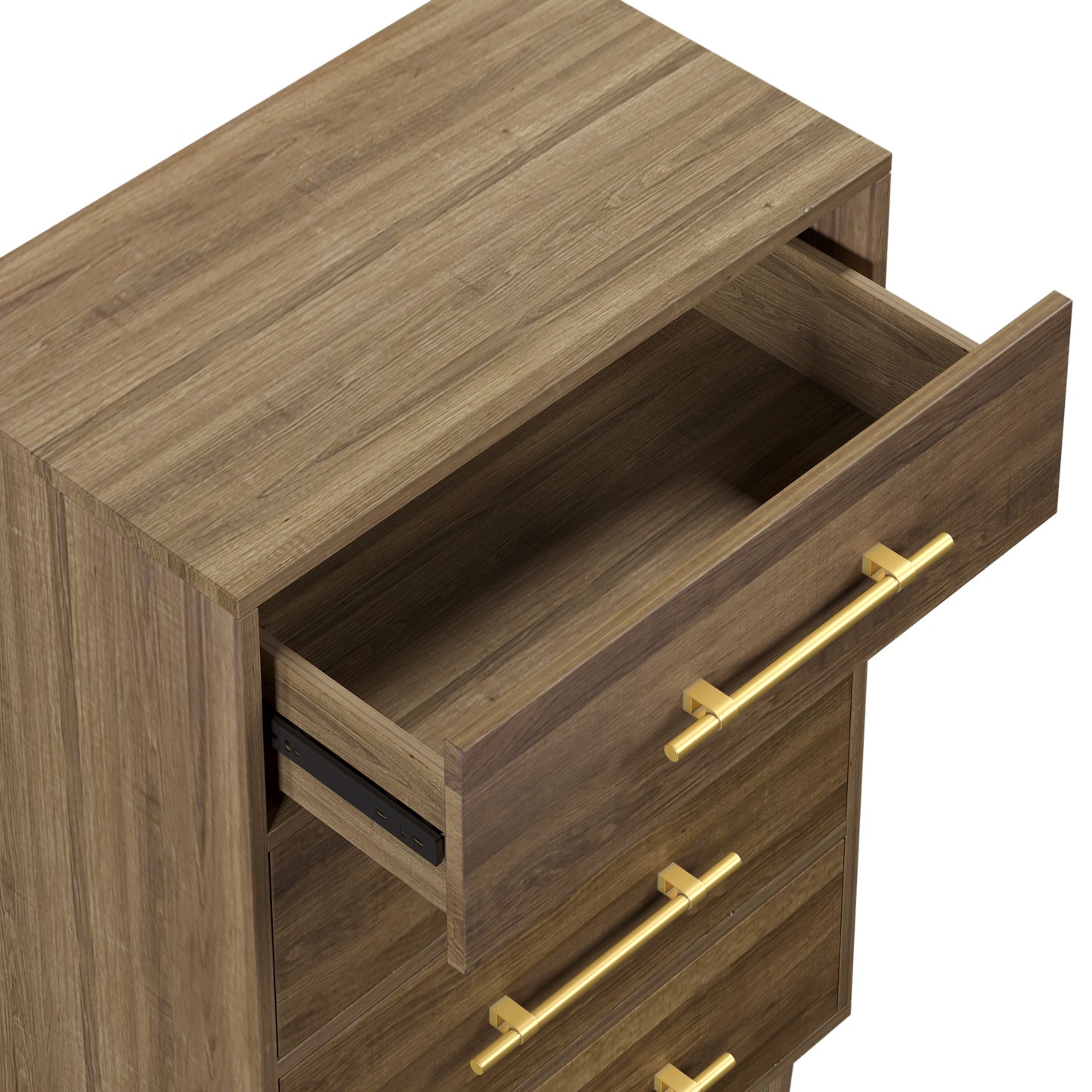 Mid-Century Modern Chest with Golden Handles, Four-Drawer, Natural Walnut