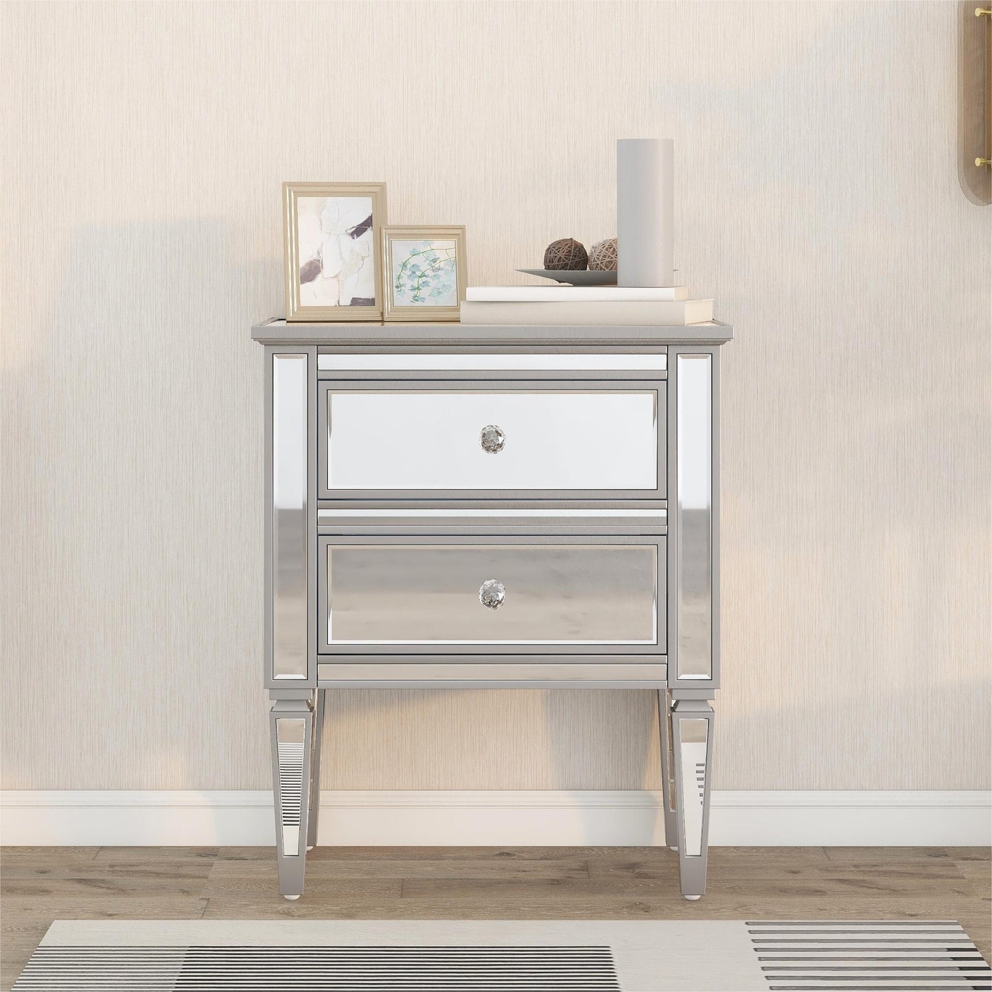 Elegant Mirrored Nightstand with 2 Drawers, Modern Silver Finished End Table Side Table for Living Room Bedroom