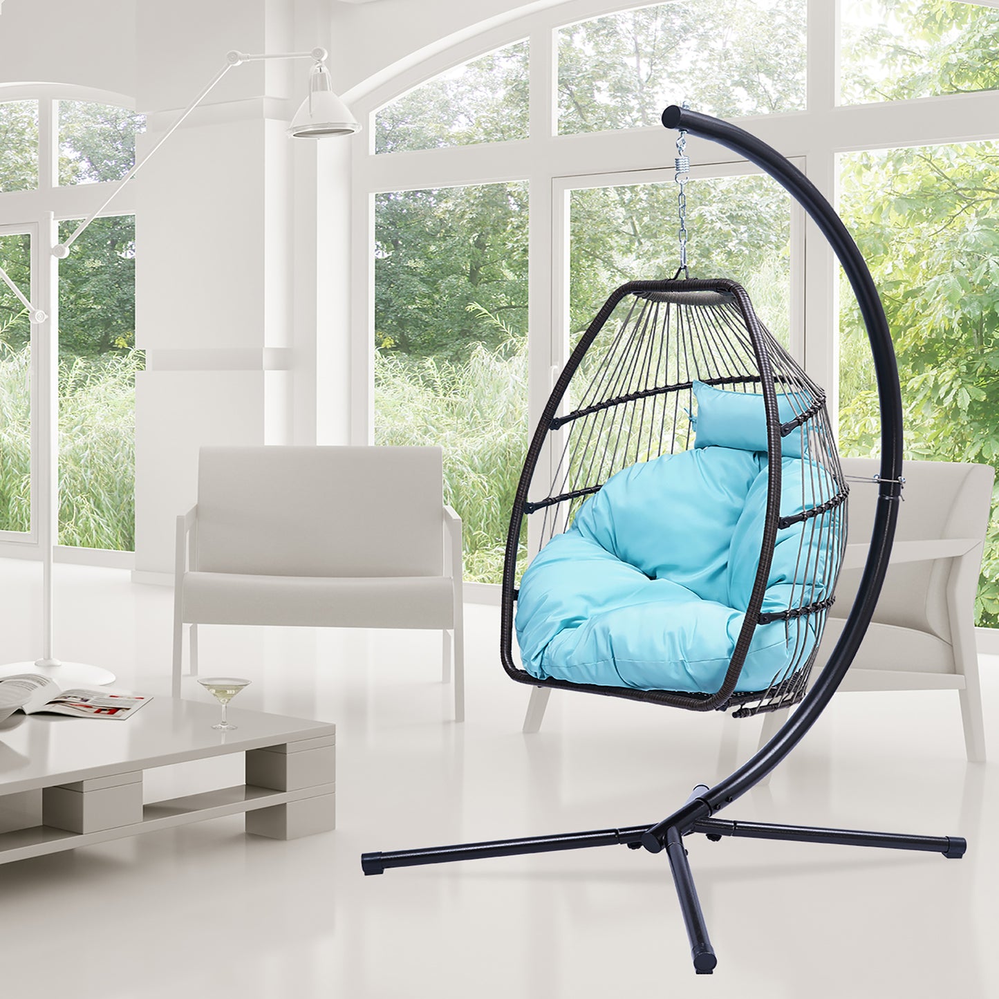 Patio Wicker folding Hanging Chair,Rattan Swing Hammock Egg Chair with C Type bracket , with cushion and pillow,for Indoor,Outdoor，Blue