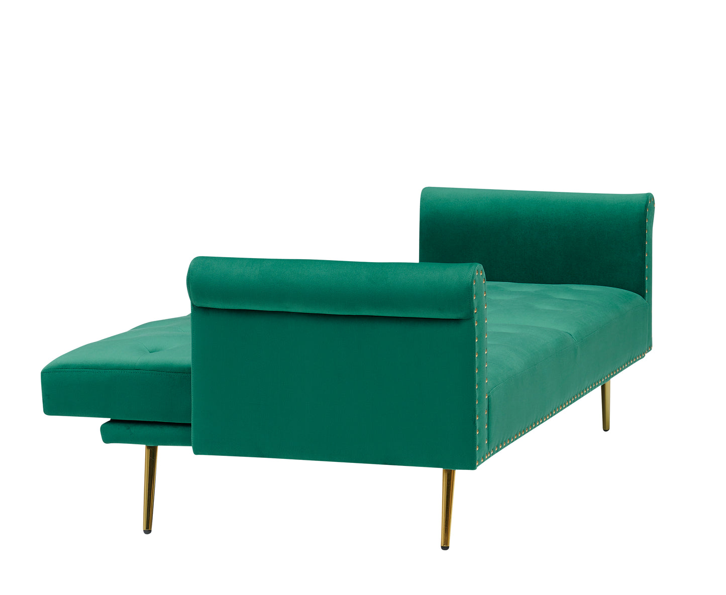 Green velvet nail head sofa bed with throw pillow and midfoot