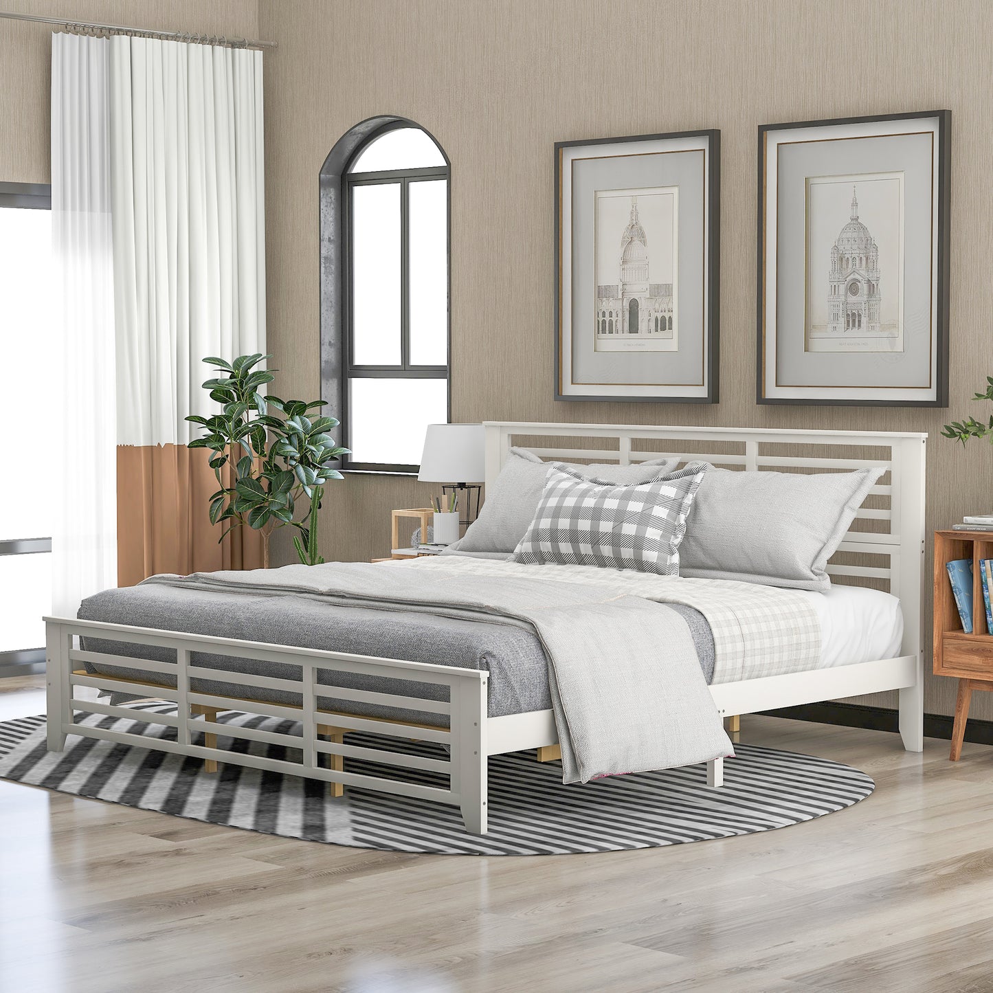 Platform bed with horizontal strip hollow shape, King size, white （New）