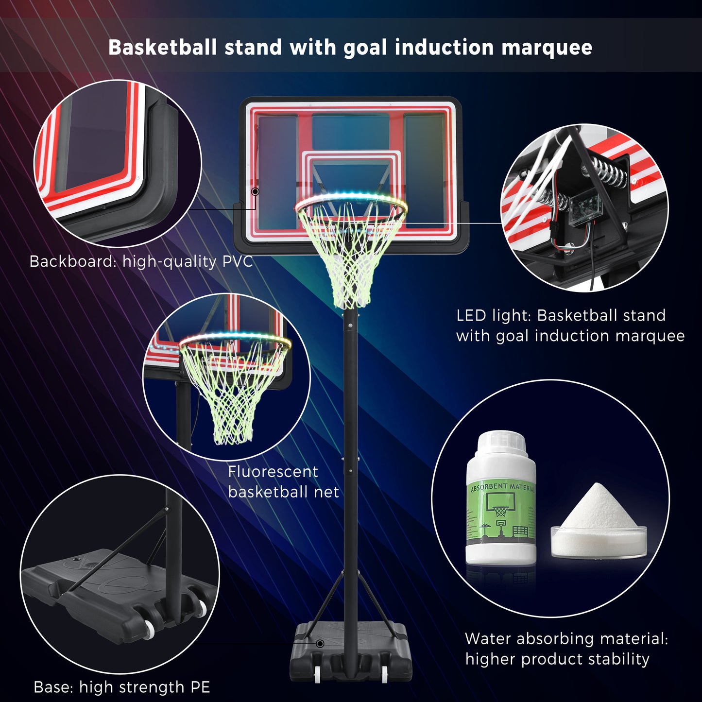 Portable Basketball Hoop Basketball System 4.76-10ft Height Adjustment for Youth Adults LED Basketball Hoop Lights, Colorful lights, Waterproof，Super Bright to Play at Night Outdoors,Good Gift for Kid