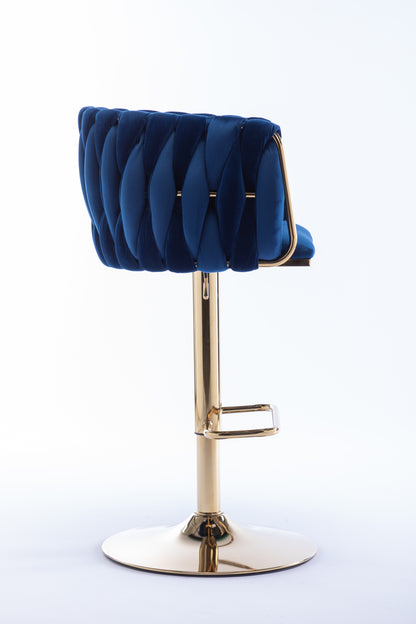 Set of 2  Bar Stools,with Chrome Footrest and Base Swivel Height Adjustable Mechanical Lifting Velvet + Golden Leg Simple Bar Stool-Navy