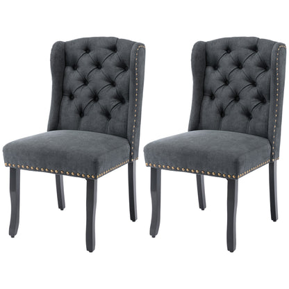 TREXM Cotton Fabric Dining Chairs Set of 2, Upholstered Dining Room Chairs with Solid Wood Legs, Wingback and Button Tufting (Dark Gray)