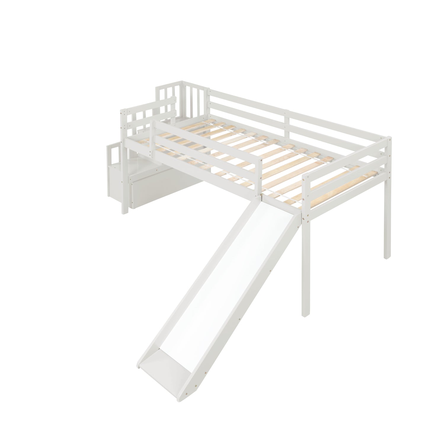 Loft Bed with Staircase, Storage, Slide, Twin size, Full-length Safety Guardrails, No Box Spring Needed, White \\\\n(Old Sku:W504S00004)