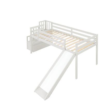 Loft Bed with Staircase, Storage, Slide, Twin size, Full-length Safety Guardrails, No Box Spring Needed, White \\\\n(Old Sku:W504S00004)