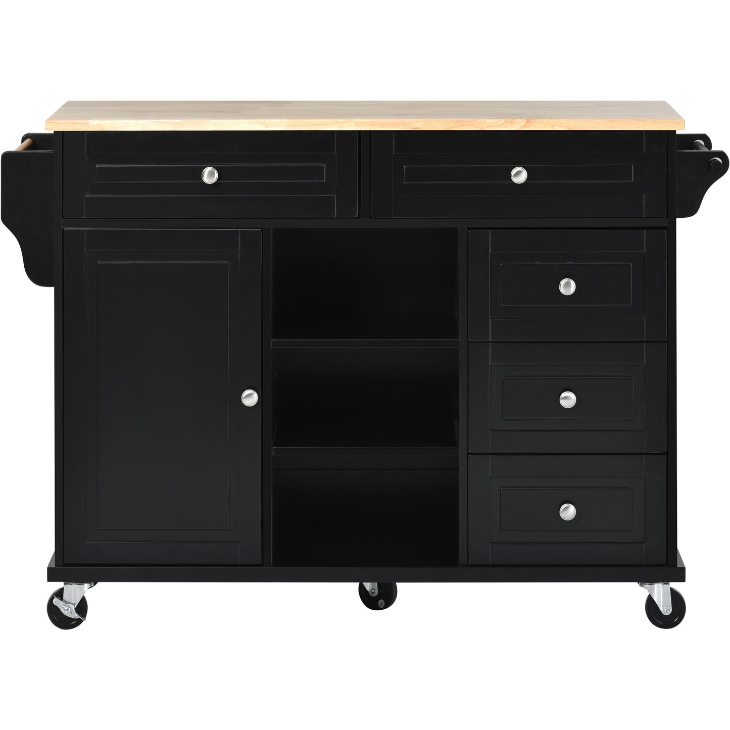 K&K kitchen cart with Rubber wood desktop rolling mobile kitchen island with storage and 5 draws 53 Inch width （Black）