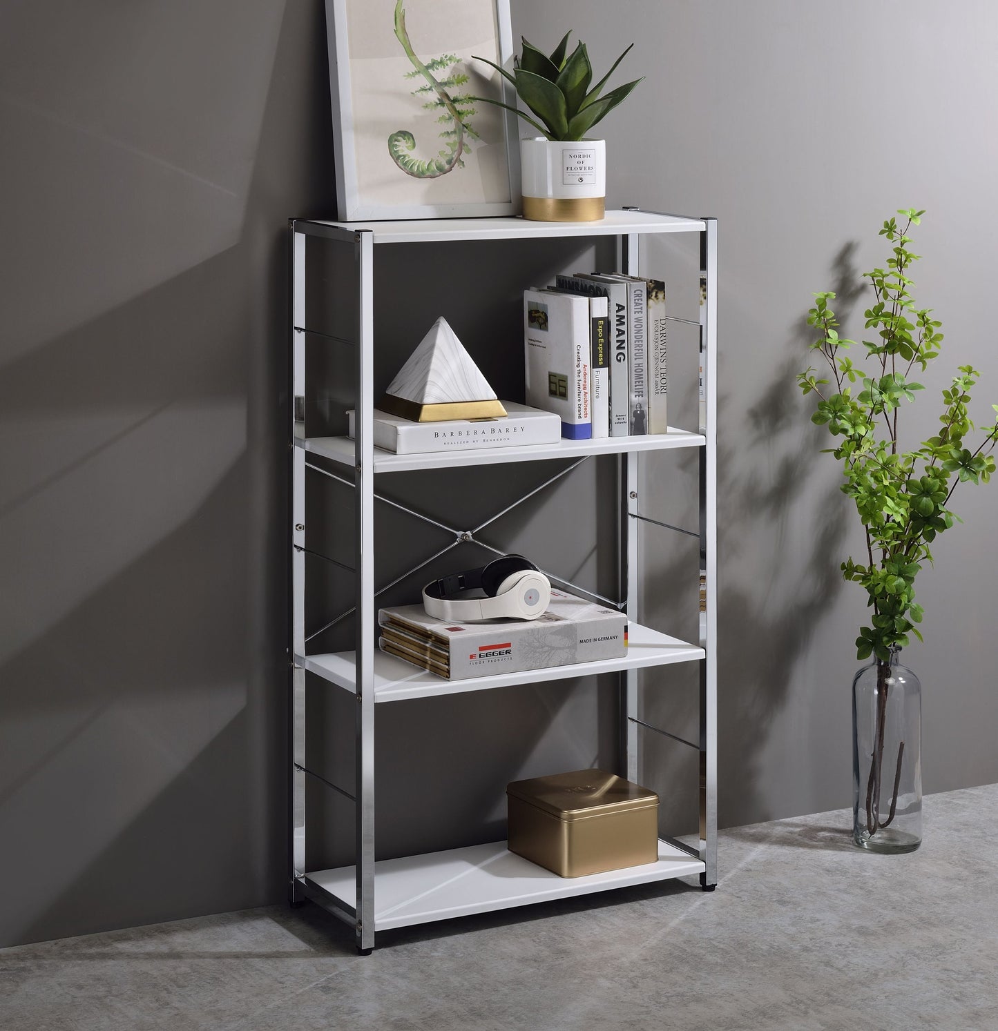 ACME Tennos Bookshelf, White & Chrome Finish 93192