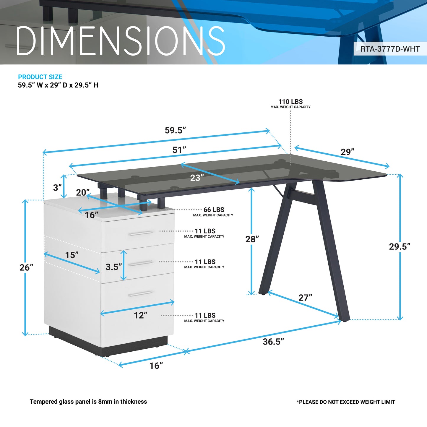 Techni Mobili Modern Home Office Computer Desk with smoke tempered glass top & storage - White