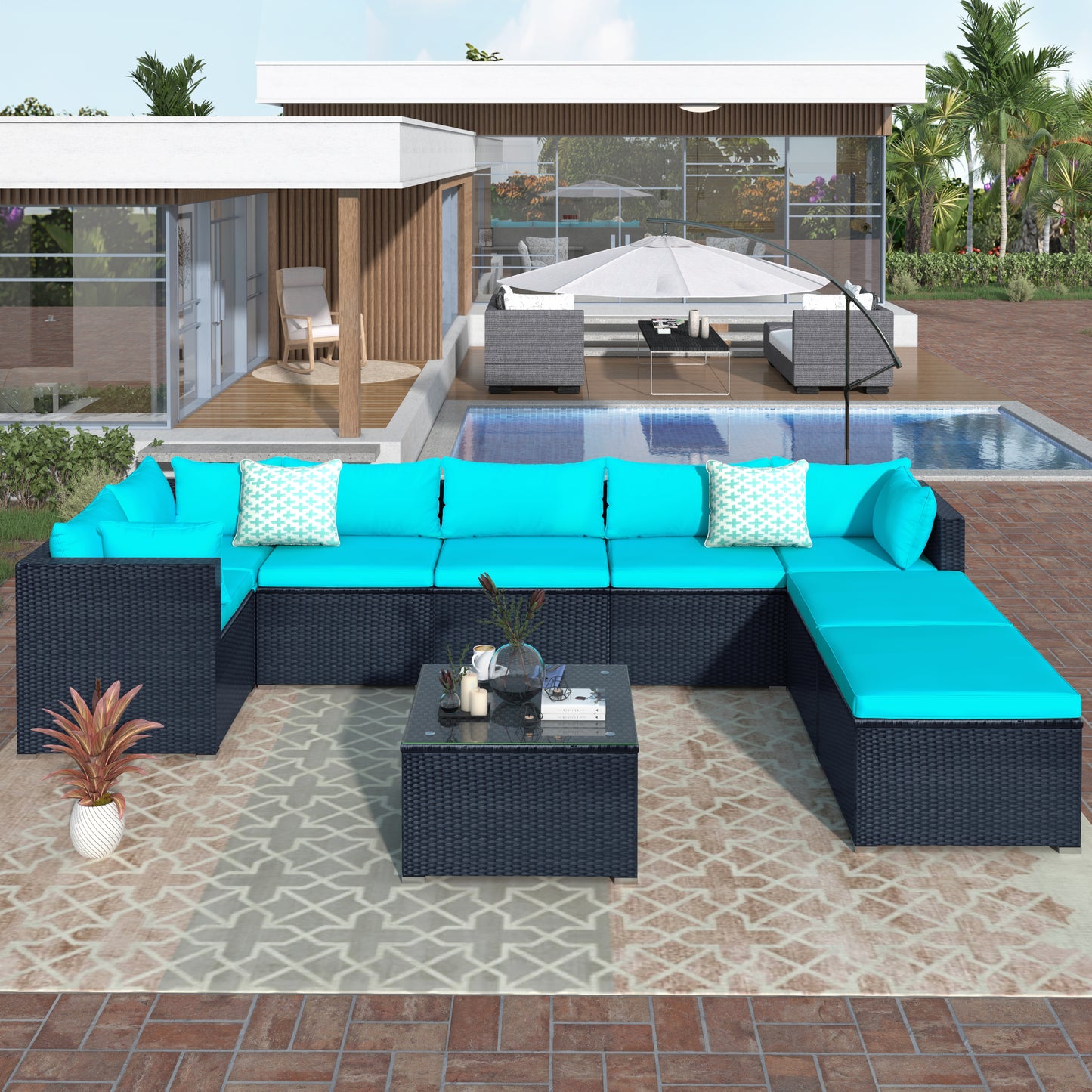 GO 9-piece Outdoor Patio PE Wicker Rattan conversation Sectional Sofa sets with 3 sofa, 3 corner sofa, 2 ottomans, and 1 glass coffee table, removable soft cushions (Black wicker, Blue cushion)