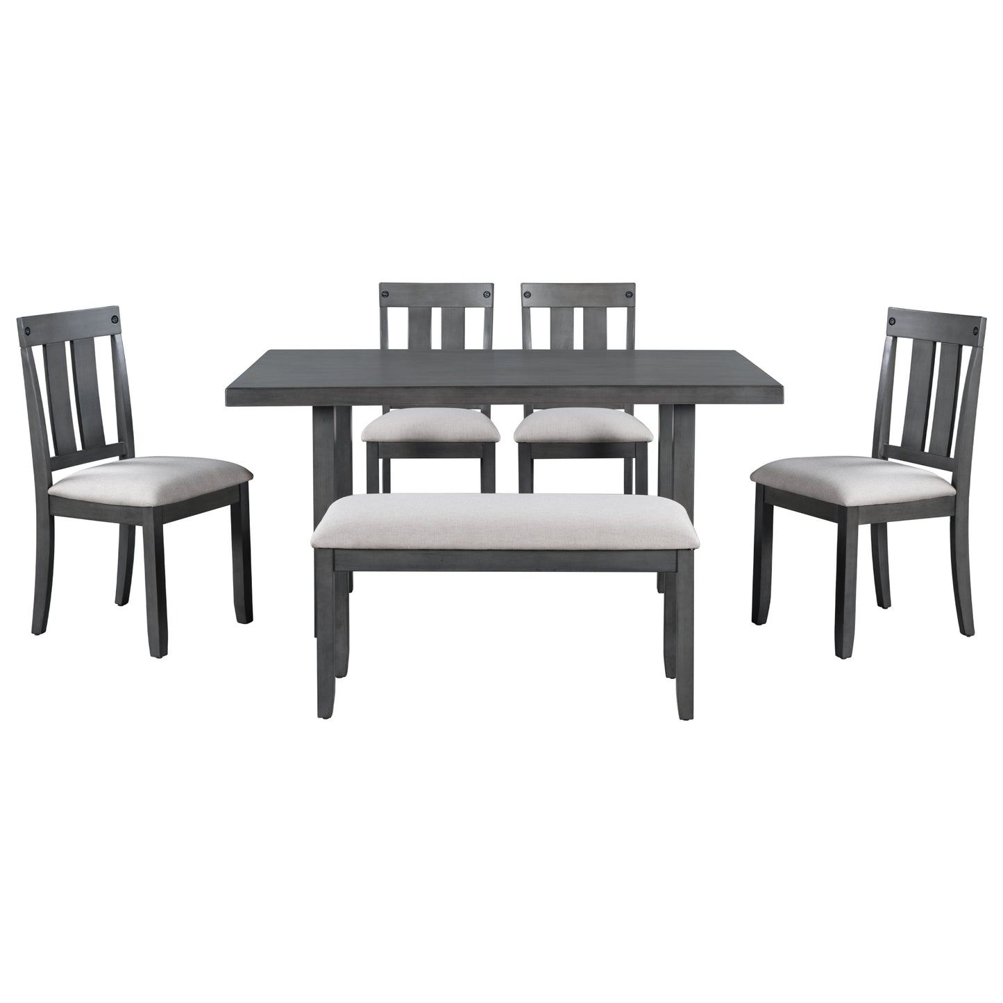 TREXM Rustic Farmhouse 6-Piece Wooden Rustic Style Dining Set, Including Table, 4 Chairs & Bench (Gray)