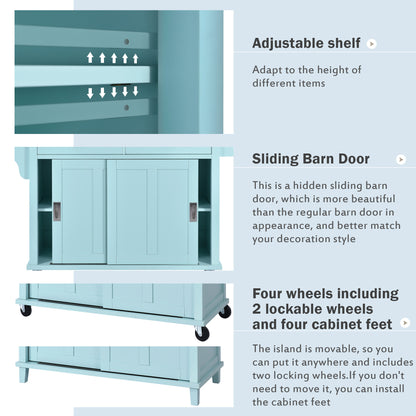 K&K Kitchen Cart with Rubber wood Drop-Leaf Countertop, Concealed sliding barn door adjustable height,Kitchen Island on 4 Wheels with Storage Cabinet and 2 Drawers,L52.2xW30.5xH36.6 inch, Mint Green