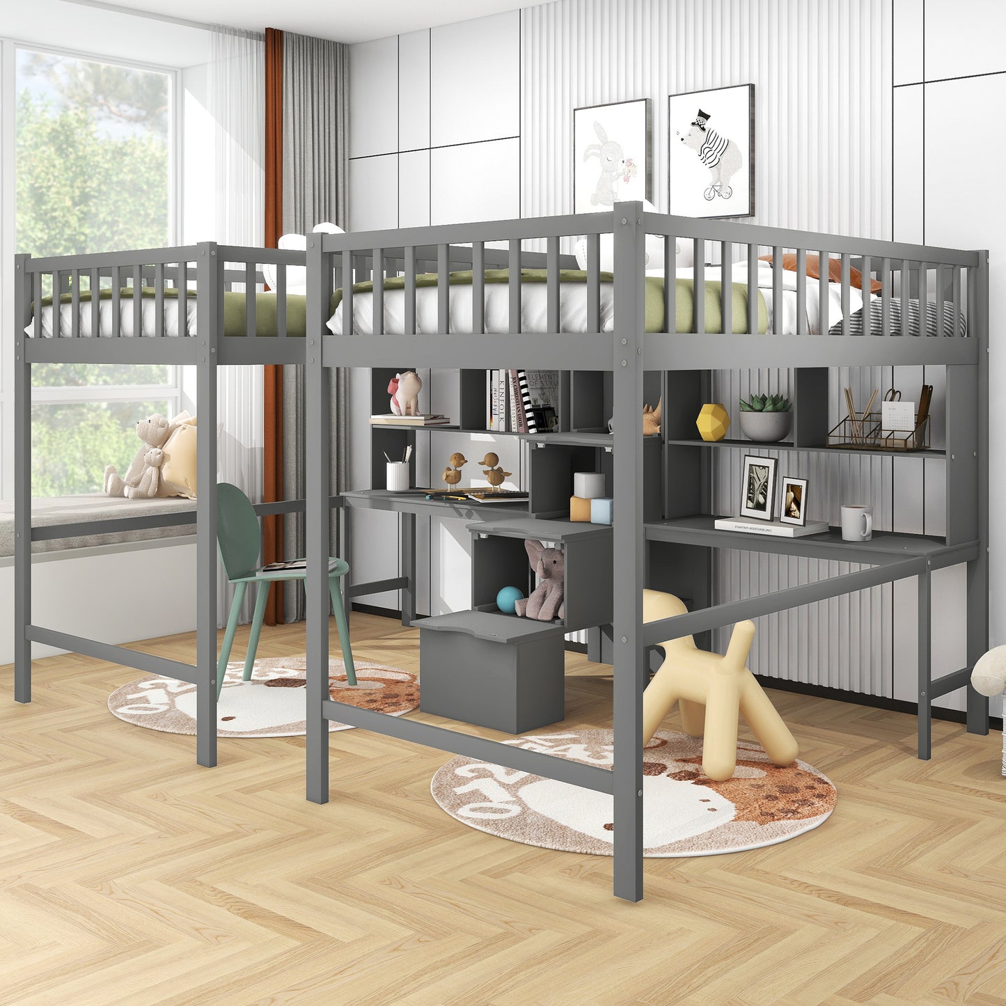 Twin & Twin Size Loft Bed with 2 Built-in Desks and Shelves, Storage Staircase, Gray