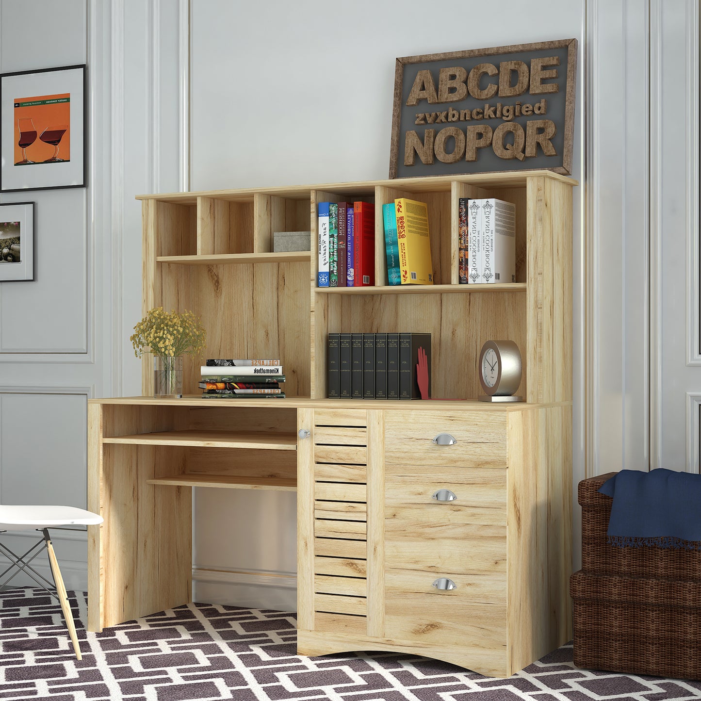 Home Office Computer Desk with Hutch,Antiqued Oak finish