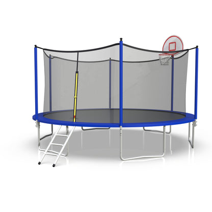 16ft Trampoline with Enclosure, New Upgraded Kids Outdoor Trampoline with Basketball Hoop and Ladder, Heavy-Duty Round Trampoline，Blue