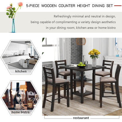 TREXM 5-Piece Wooden Counter Height Dining Set with Padded Chairs and Storage Shelving (Espresso)