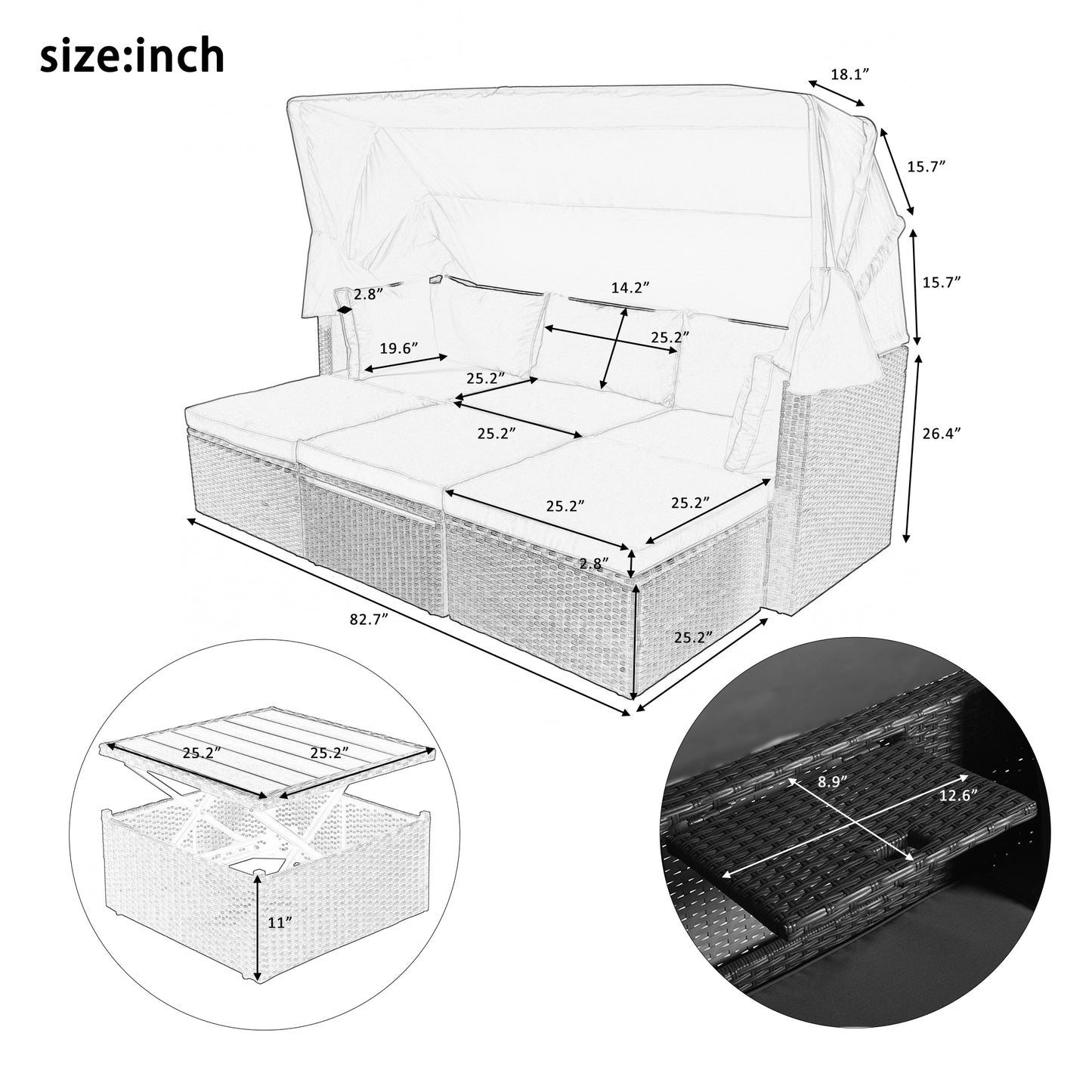 U_Style Outdoor Patio Rectangle Daybed with Retractable Canopy,  Wicker Furniture Sectional Seating with Washable Cushions, Backyard, Porch