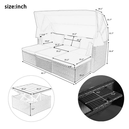 U_Style Outdoor Patio Rectangle Daybed with Retractable Canopy,  Wicker Furniture Sectional Seating with Washable Cushions, Backyard, Porch