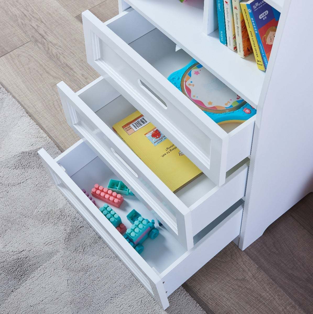 Kids Funnel White Bookcase Book Shelf Storage Unit with Book Display/Organizer Drawers - Classic White Color