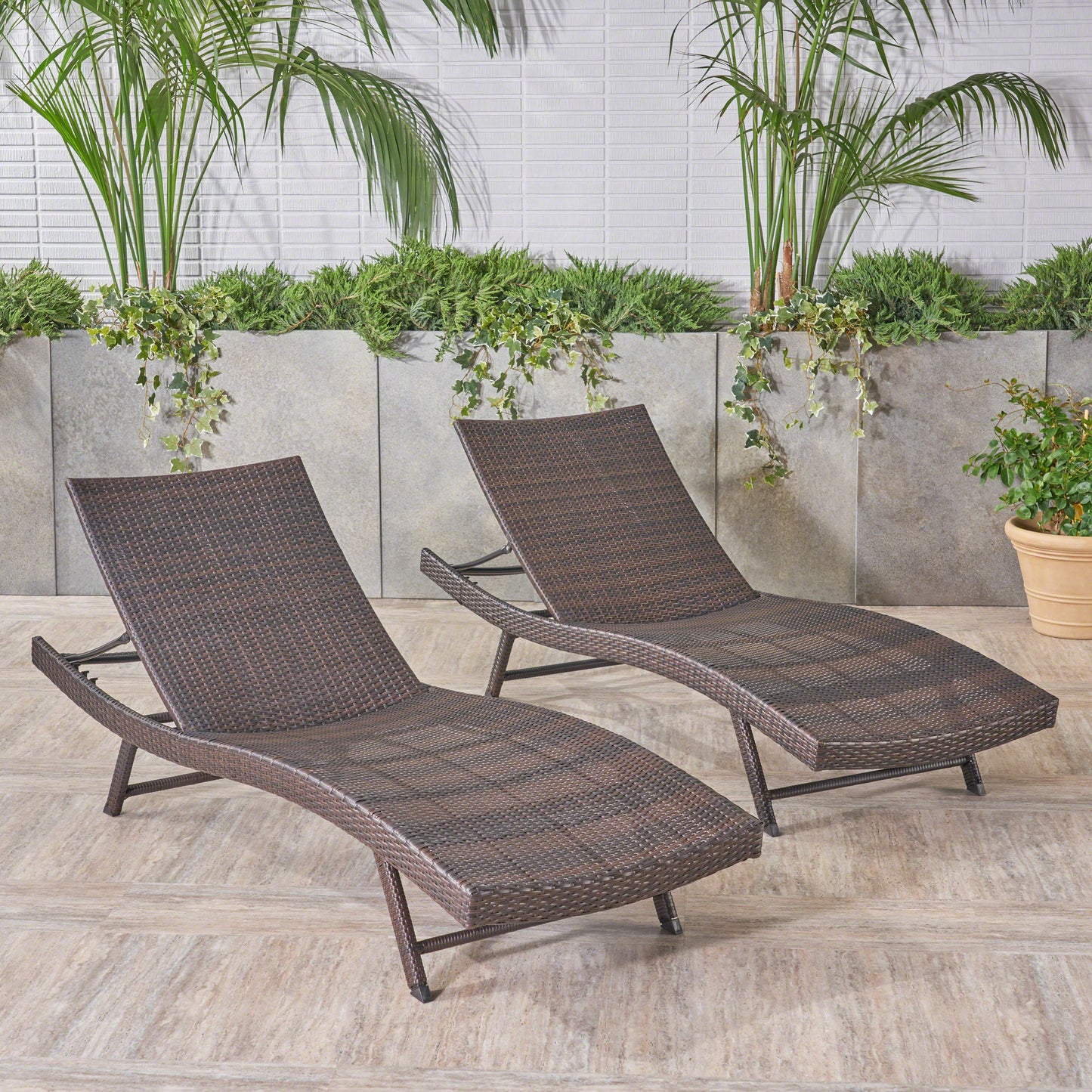 Eliana Outdoor Brown Wicker Adjustable Chaise Lounge Chair  Set of 2