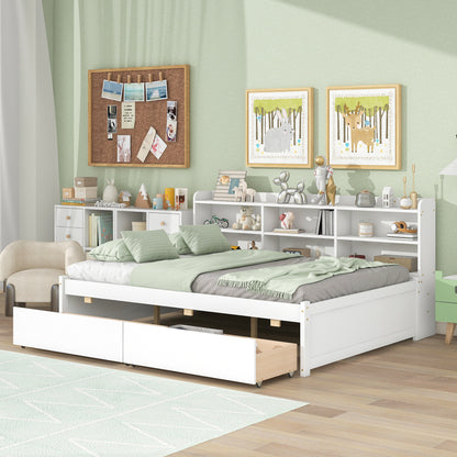 Full Bed with Side Bookcase, Drawers,White