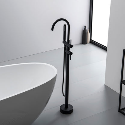 Double-Handle Freestanding Floor Mount Roman Tub Faucet Bathtub Filler with Hand Shower in Matte Black