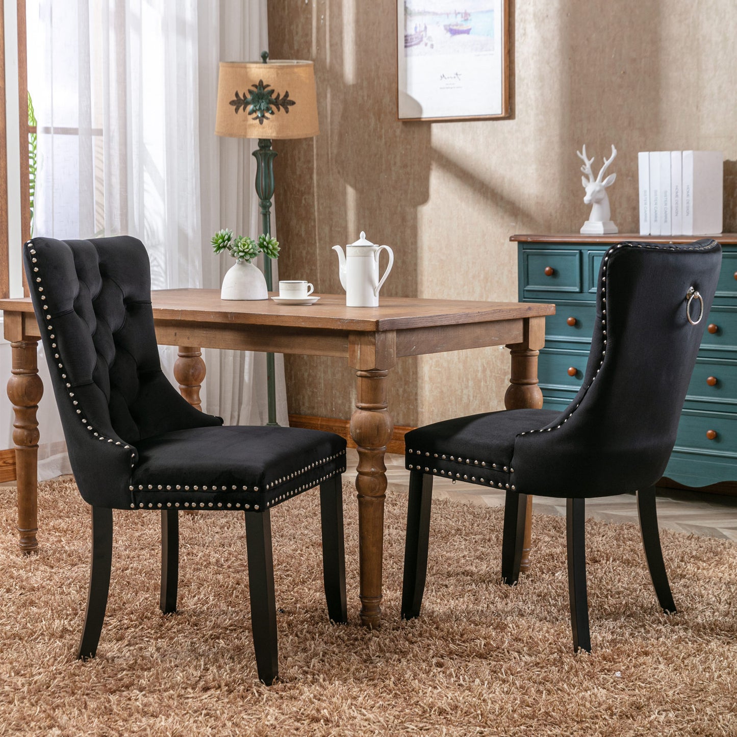 A&A Furniture,Nikki Collection Modern, High-end Tufted Solid Wood Contemporary Velvet Upholstered Dining Chair with Wood Legs Nailhead Trim  2-Pcs Set，Black，1901BK