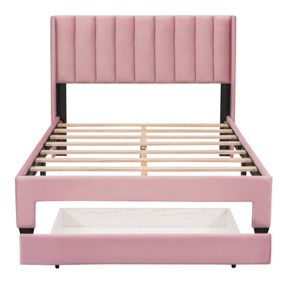 Full Size Storage Bed Velvet Upholstered Platform Bed with a Big Drawer - Pink