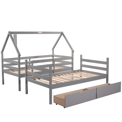 Twin over Twin House Bunk Bed with Two Drawers and Chimney Design,Gray