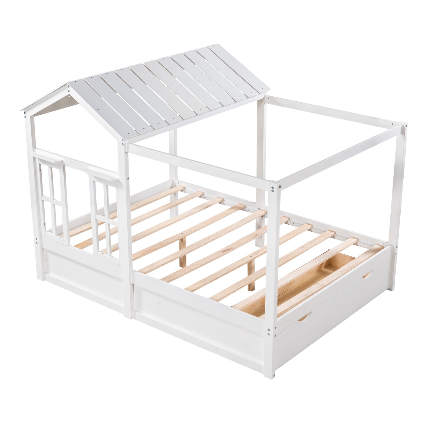 Full Size House Bed with Roof, Window and Drawer - White