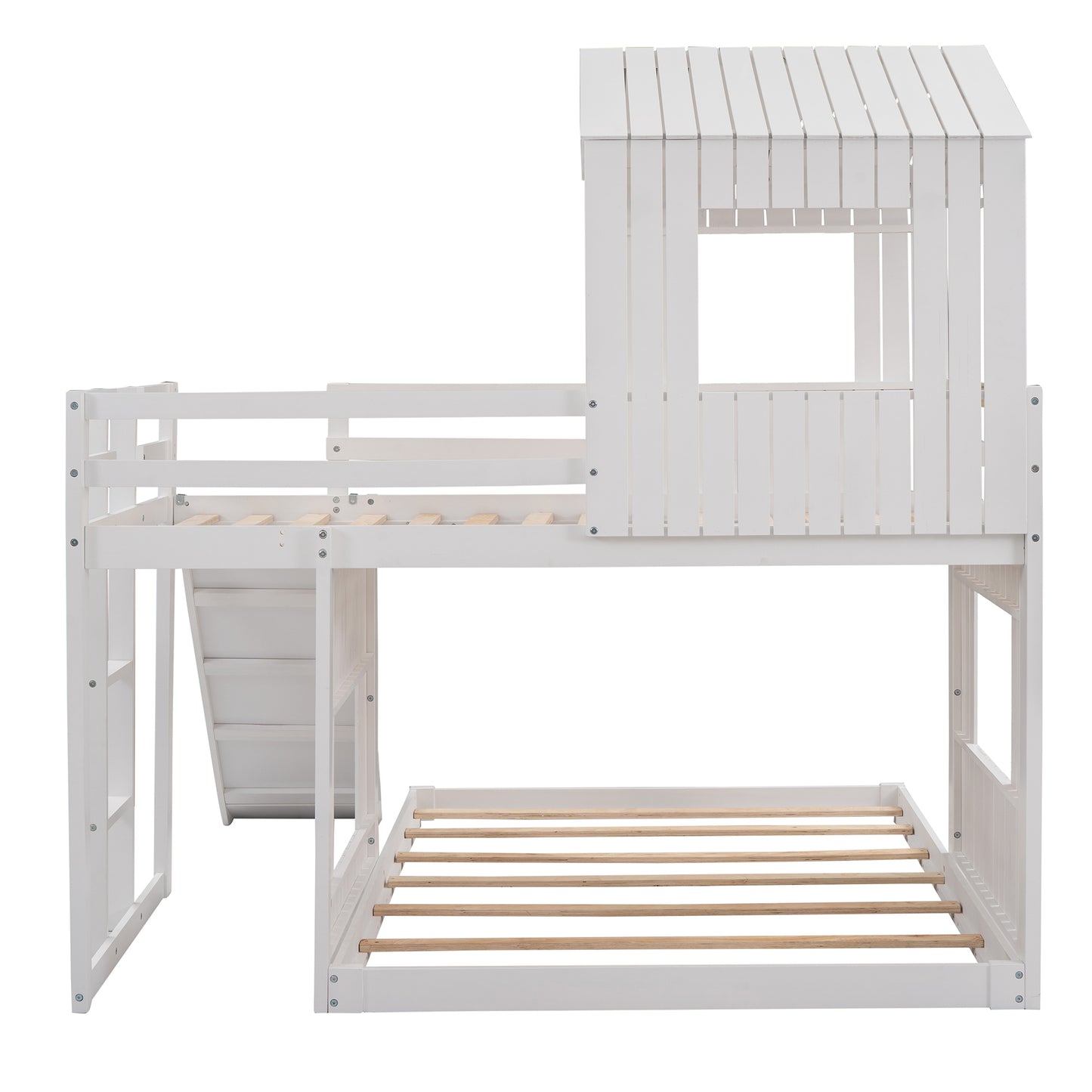 Wooden Twin Over Full Bunk Bed, Loft Bed with Playhouse, Farmhouse, Ladder, Slide and Guardrails, White(OLD SKU :LP000028AAK)