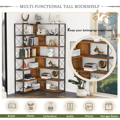 7-Tier Bookcase Home Office Bookshelf,  L-Shaped Corner Bookcase with Metal Frame, Industrial Style Shelf with Open Storage, MDF Board